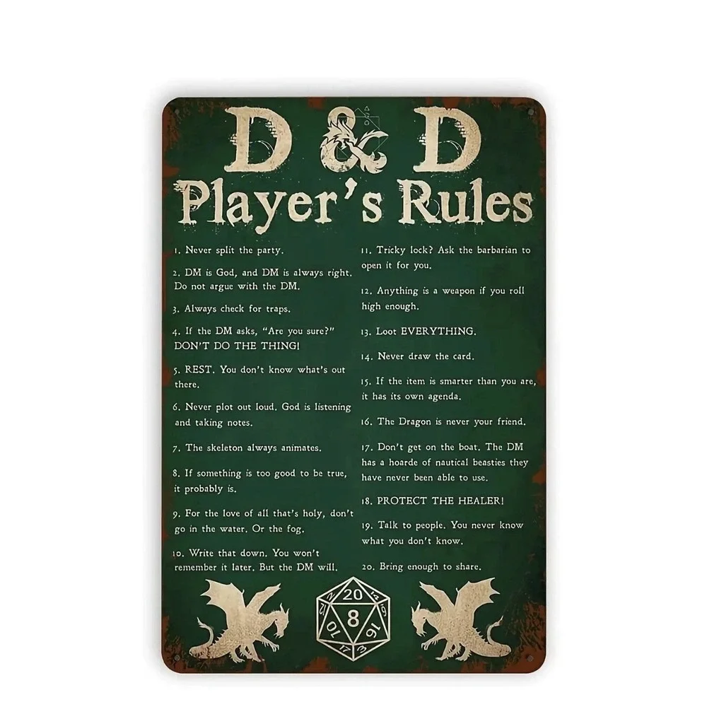 D&D Player Rules Metal Wall Art Sign Poster Dungeons and Dragons Den Man Cave